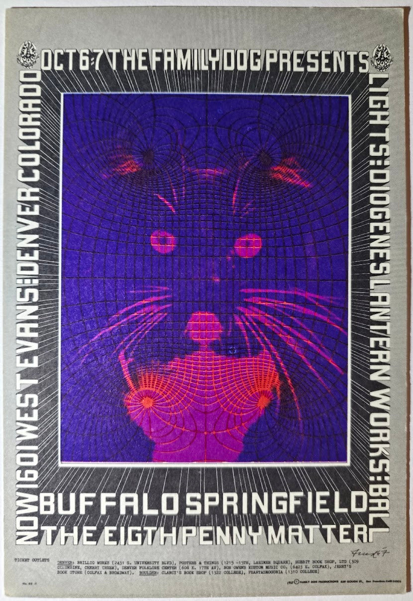 Buffalo Springfield, The Eight Penny Matter, Denver Dog by Robert Fried - October 6-7, 1967 - Family Dog Vintage Postcard