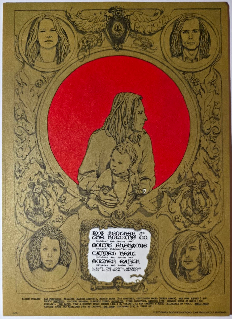 Big Brother & The Holding Co, Mt. Rushmore, Canned Heat, Mother Earth, The Avalon Ballroom by Dennis Nolan - July 20-22, 1967 - Family Dog Vintage Postcard