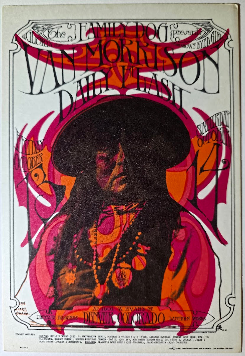 Van Morrison, The Daily Flash, Denver Dog by Stanley Mouse, Alton Kelley - October 13-14, 1967 - Family Dog Vintage Postcard