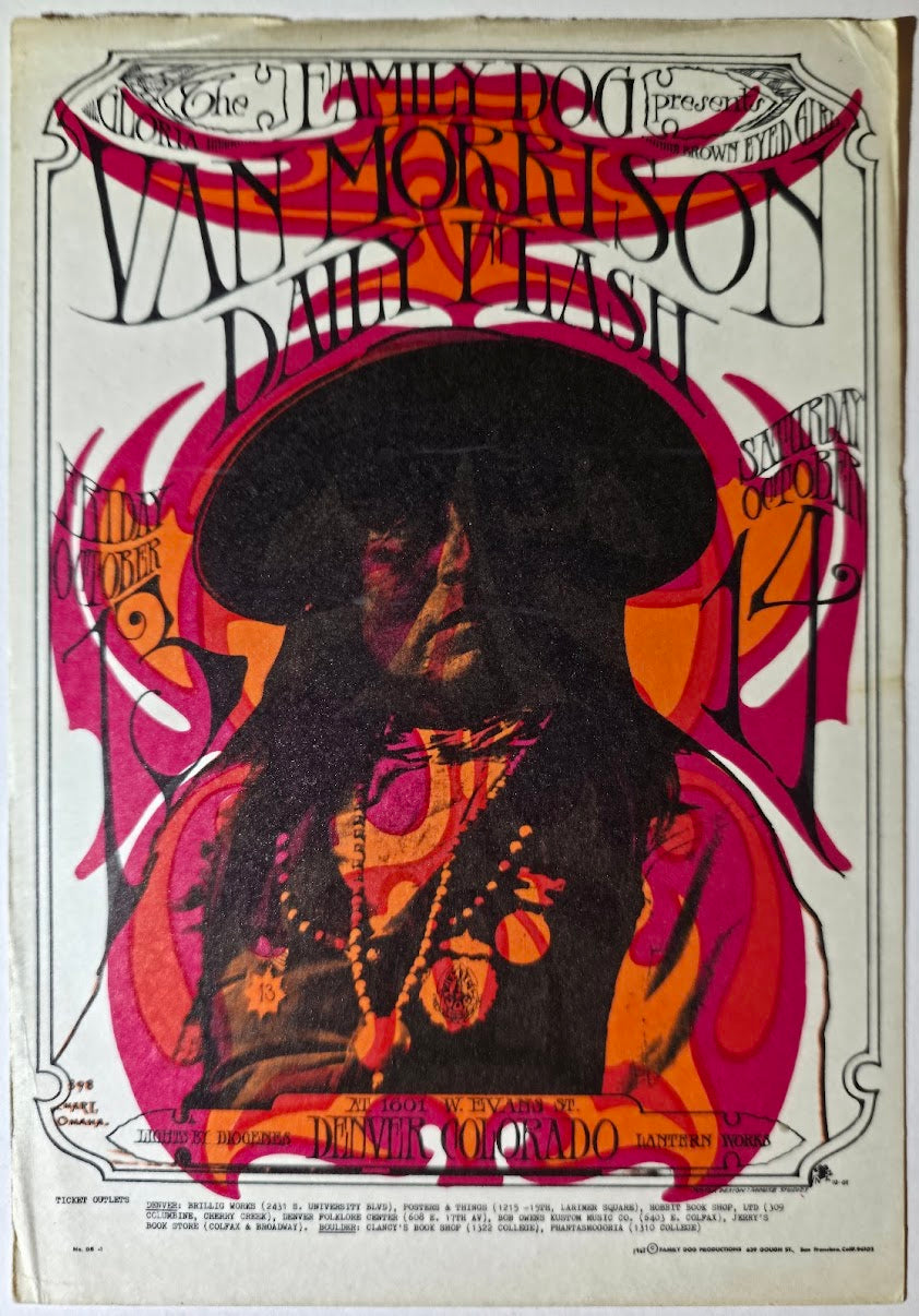 Van Morrison, The Daily Flash, Denver Dog by Stanley Mouse, Alton Kelley - October 13-14, 1967 - Family Dog Vintage Postcard