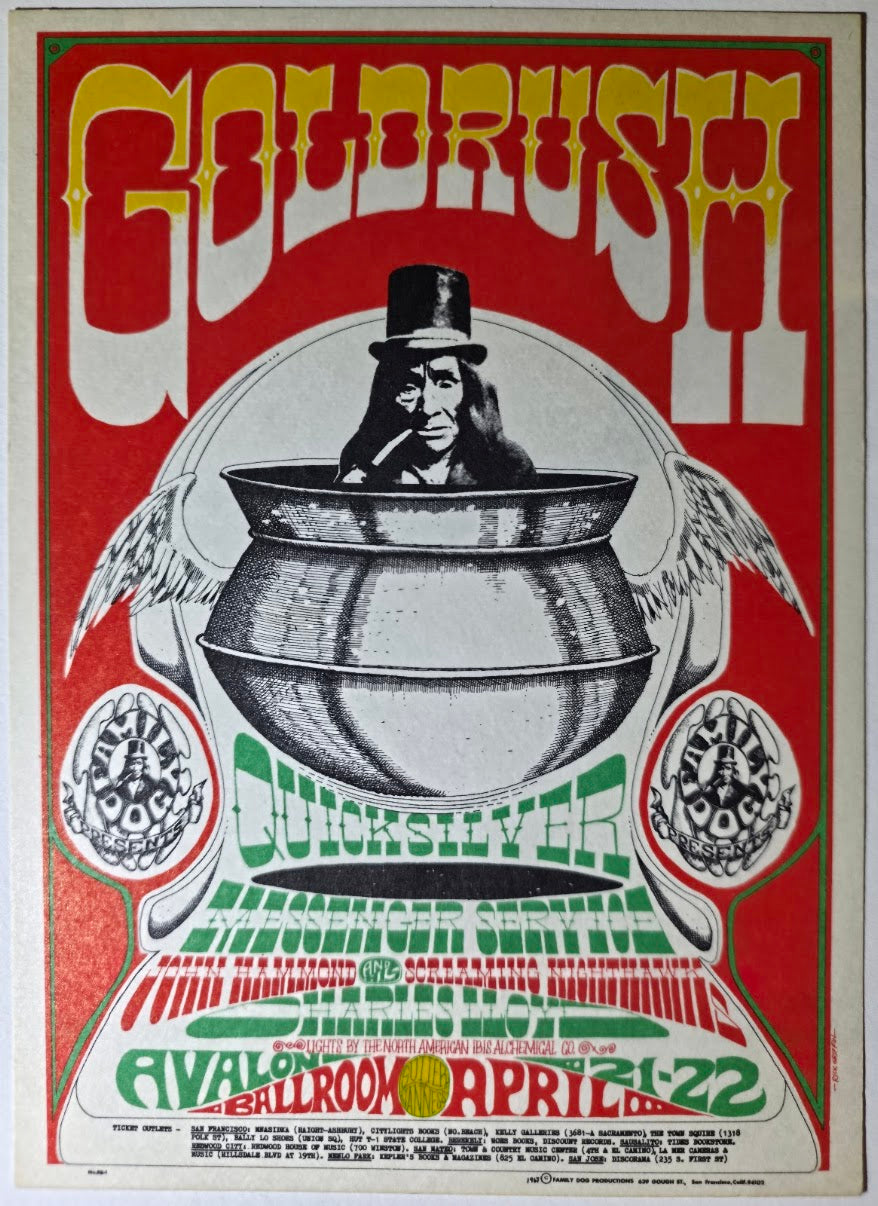 Quicksilver Messenger Service, Johnny Hammond & His Screaming Nightwalks, Charles Lloyd, The Avalon Ballroom by Rick Griffin - April 21-22, 1967 - Family Dog Vintage Postcard
