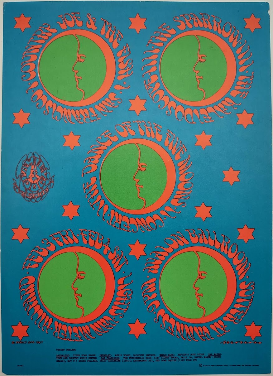 Country Joe & The Fish, The Sparrow, Kaleidoscope, The Avalon Ballroom by Victor Moscoso - February 3-4, 1967 - Family Dog Vintage Postcard