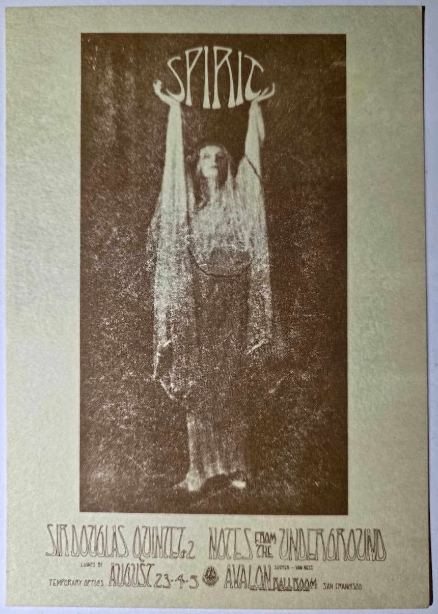 Spirit, The Sir Douglas Quintet, Notes From The Underground, The Avalon Ballroom by Stanley Mouse, Arnold Gentry - August 23-25, 1968 - Family Dog Vintage Postcard