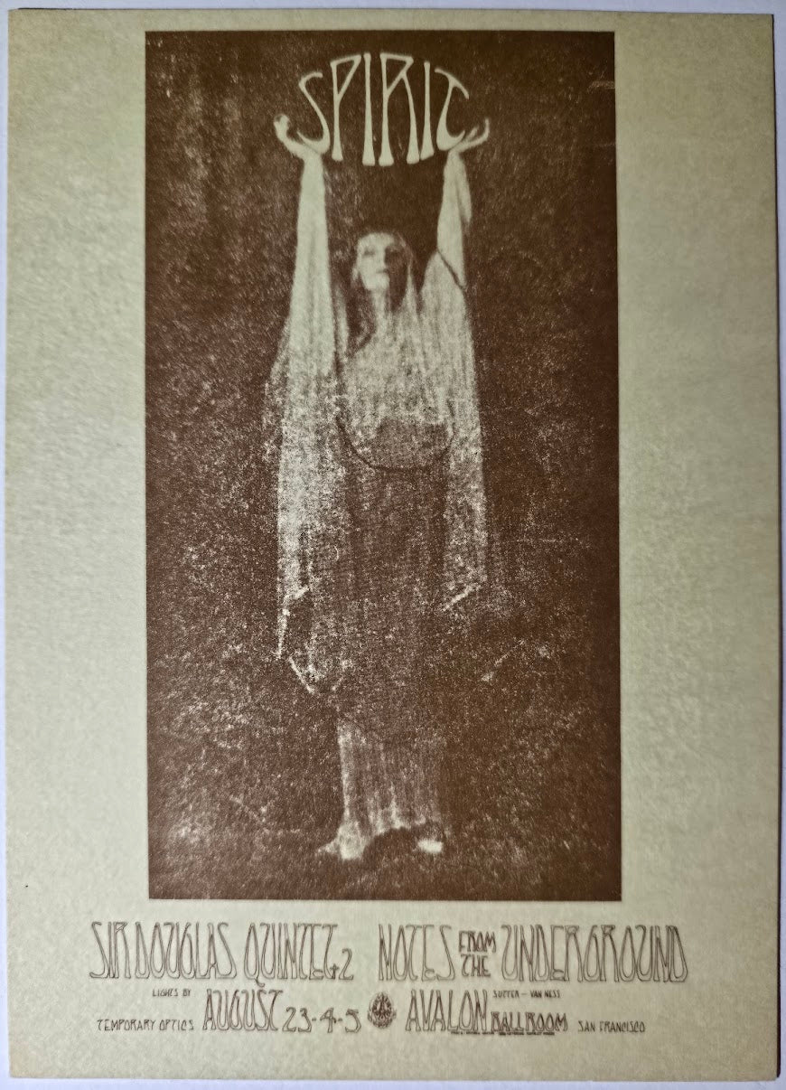 Spirit, The Sir Douglas Quintet, Notes From The Underground, The Avalon Ballroom by Stanley Mouse, Arnold Gentry - August 23-25, 1968 - Family Dog Vintage Handbill