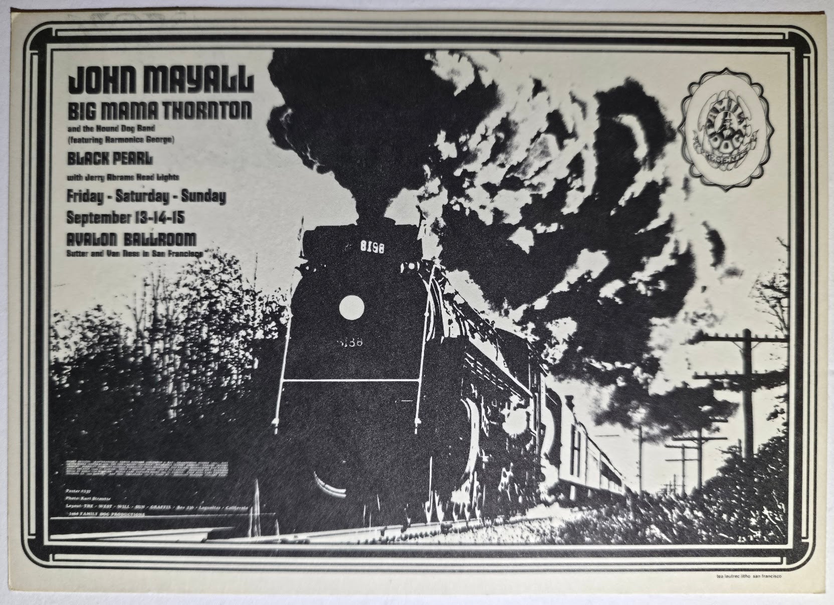 John Mayall, Big Mama Thornton, Black Pearl, The Avalon Ballroom by The West Will Sun Graffix, Kurt Strausse - September 13-15, 1968 - Family Dog Vintage Postcard