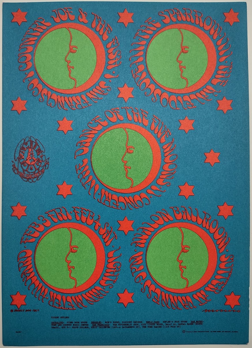 Country Joe & The Fish, The Sparrow, Kaleidoscope, The Avalon Ballroom by Victor Moscoso - February 3-4, 1967 - Family Dog Vintage Postcard
