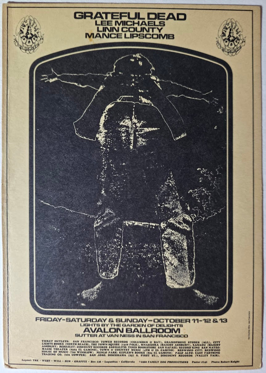 The Grateful Dead, Lee Michaels, Linn County, Mance Lipscomb, The Avalon Ballroom by The West Will Sun Graffix, Robert Knight - October 11-13, 1968 - Family Dog Vintage Handbill