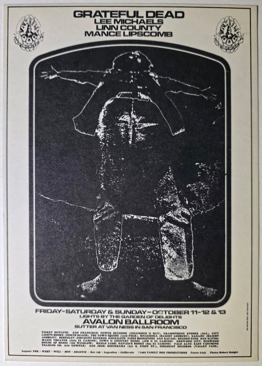 The Grateful Dead, Lee Michaels, Linn County, Mance Lipscomb, The Avalon Ballroom by The West Will Sun Graffix, Robert Knight - October 11-13, 1968 - Family Dog Vintage Postcard