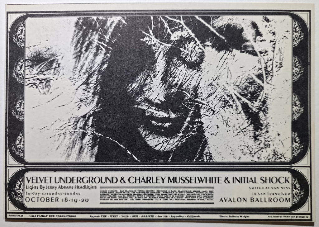 The Velvet Underground, Charlie Musselwhite, Initial Shock, The Avalon Ballroom by The West Will Sun Graffix, Bellmer Wright - October 18-20, 1968 - Family Dog Vintage Postcard