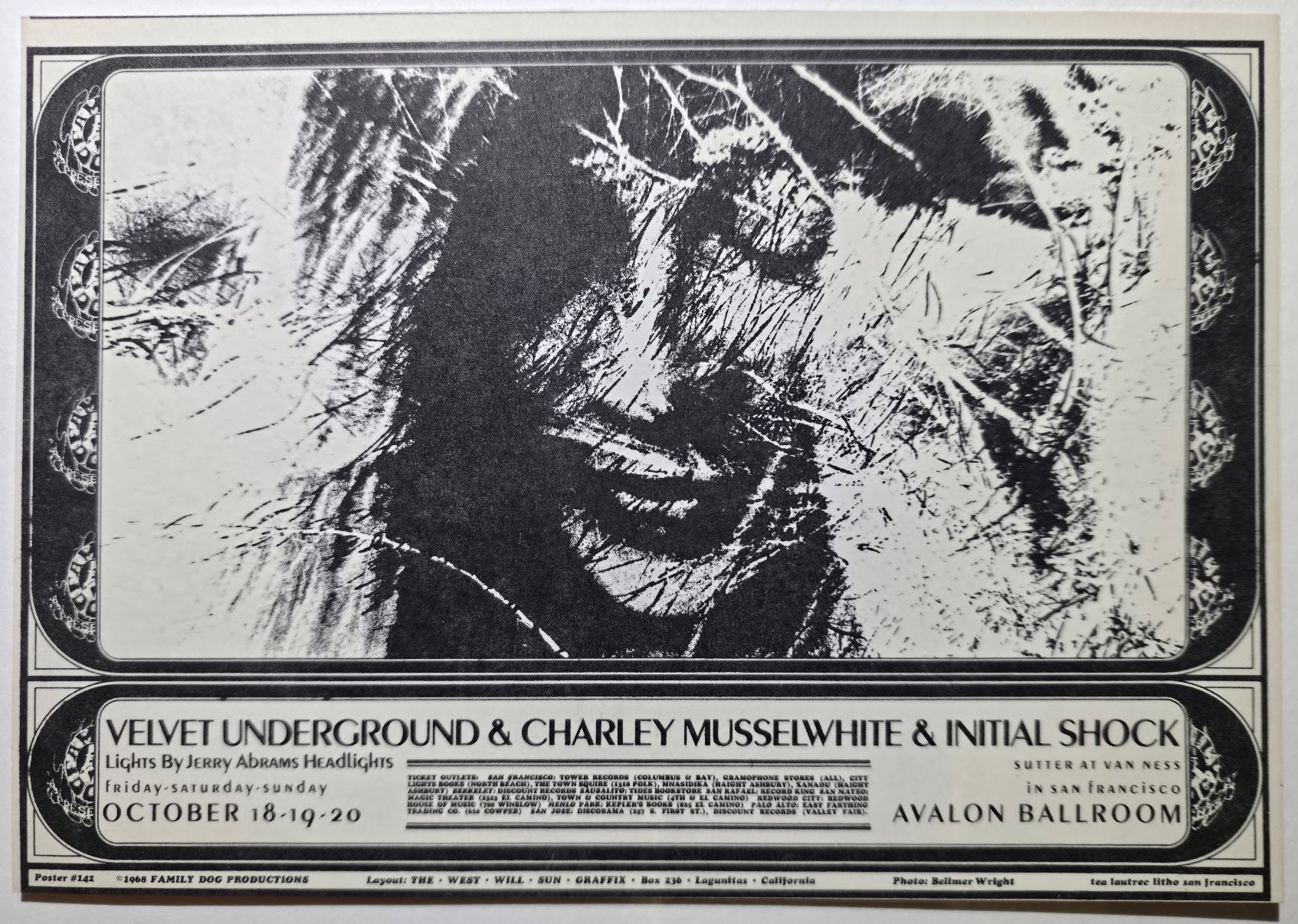 The Velvet Underground, Charlie Musselwhite, Initial Shock, The Avalon Ballroom by The West Will Sun Graffix, Bellmer Wright - October 18-20, 1968 - Family Dog Vintage Postcard