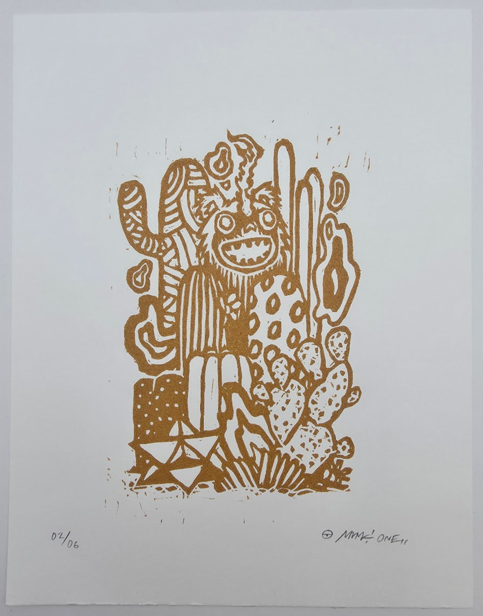 MUNK "MAGICAL THINKING BEASTIE" COPPER ON WHITE LINO CUT PRINT