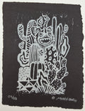 MUNK "MAGICAL THINKING BEASTIE" WHITE ON BLACK VARIANT LINO CUT PRINT