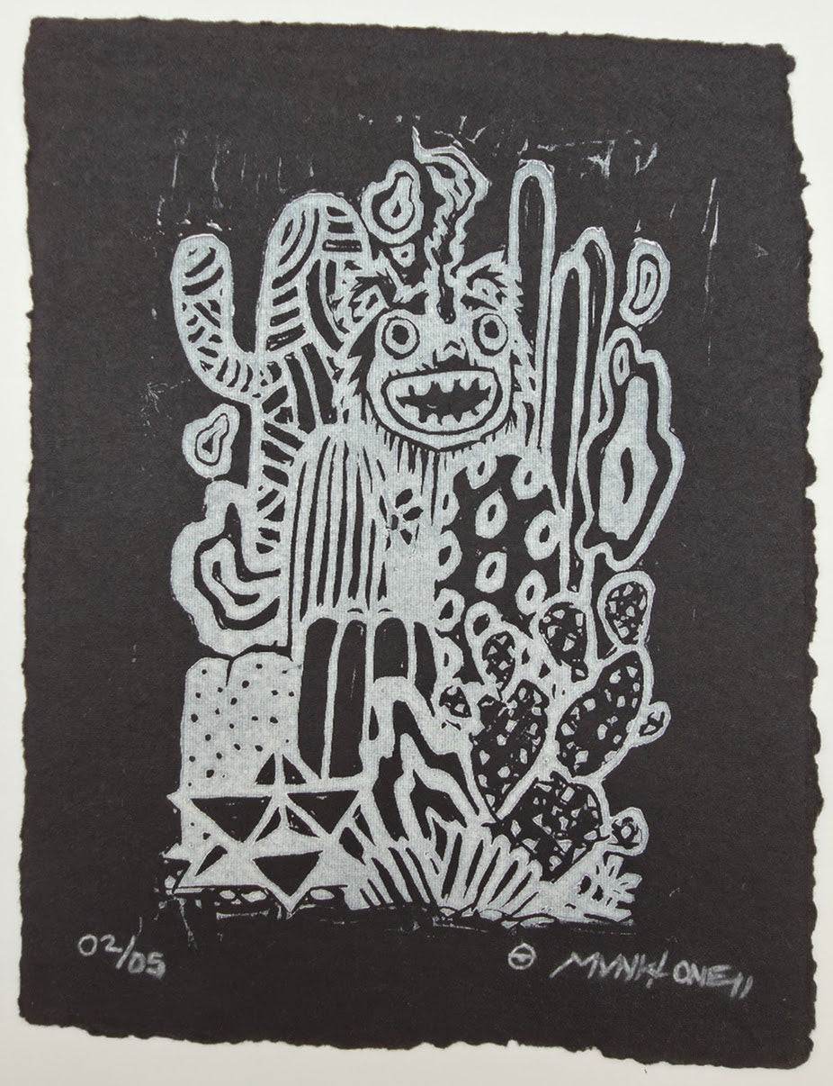 MUNK "MAGICAL THINKING BEASTIE" WHITE ON BLACK VARIANT LINO CUT PRINT