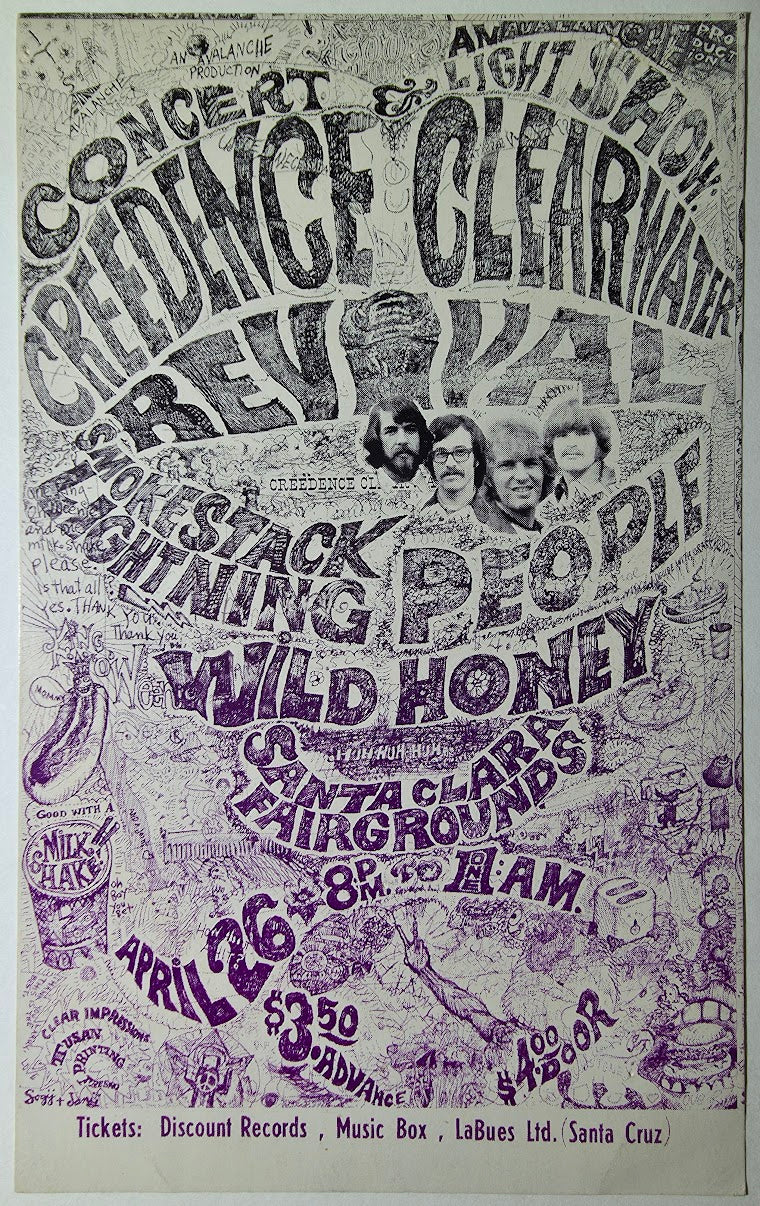 Creedence Clearwater Revival, Smokestack Lightning, People, Wild Honey, Santa Clara Fairgrounds - April 26, 1969 - Vintage Handbill