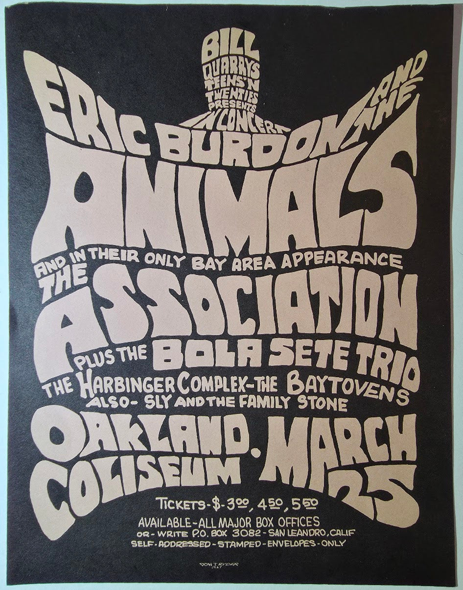 Eric Burdon & The Animals, The Association, Bola Seta Trio, Oakland Coliseum by Don T. Ryder - March 25, 1967 - Vintage Handbill