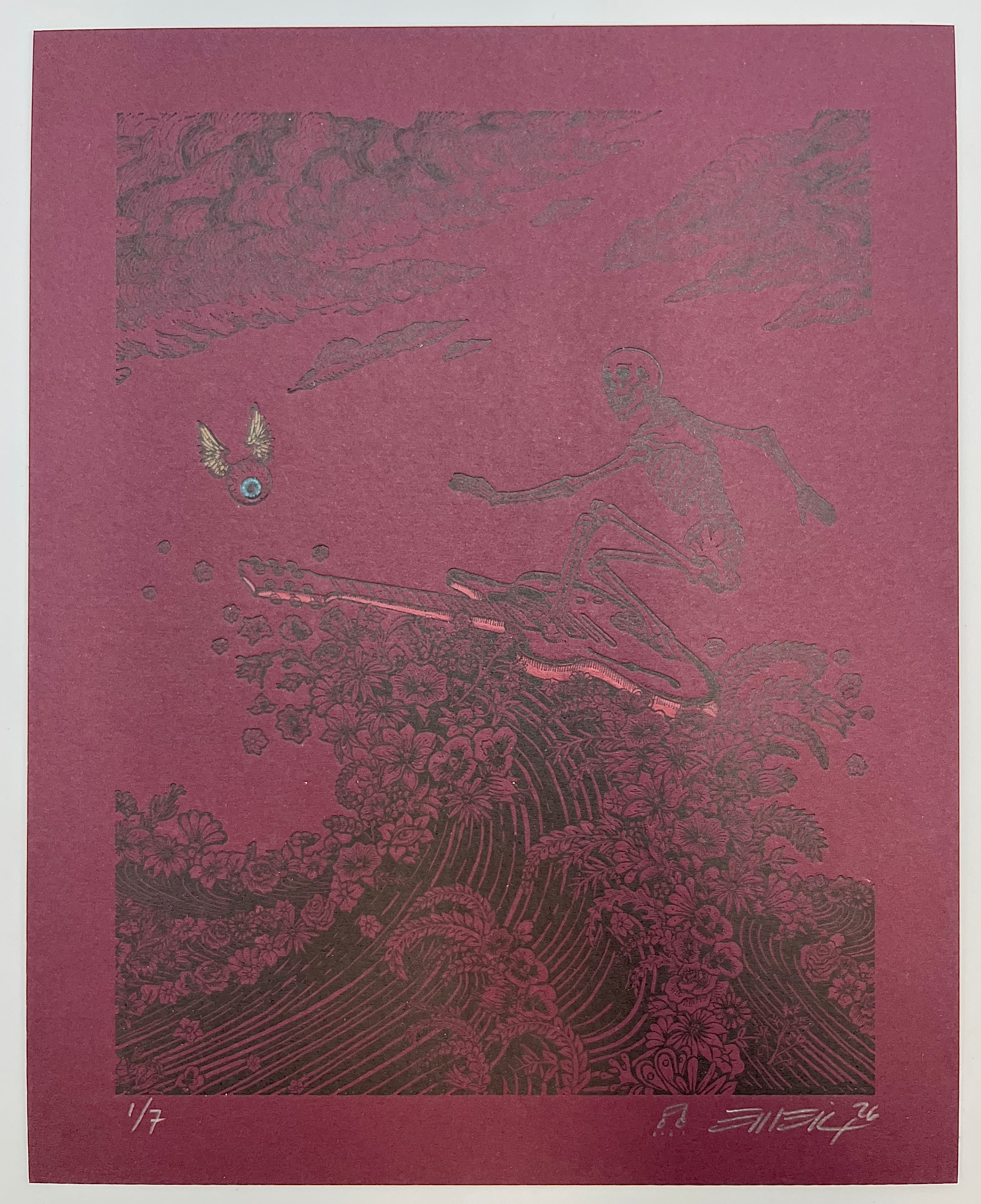 EMEK "Surfing Skeleton" Burgundy Hand Embellished Letterpress Print