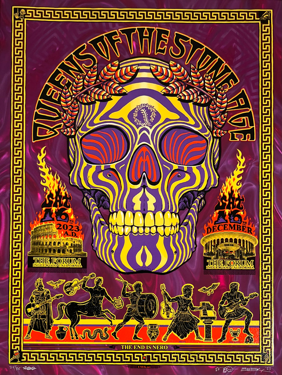 EMEK 2023 Queens of the Stone Age poster, The Forum Inglewood, December 16: laurel-crowned skull, Colosseum and Roman musicians, pink lenticular, signed and numbered 24/35
