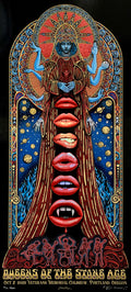 EMEK 2023 Queens of the Stone Age poster, Veterans Memorial Coliseum Portland, October 2: many-armed figure with a column of red lips and vampire fangs, red foil, signed and numbered 50/50