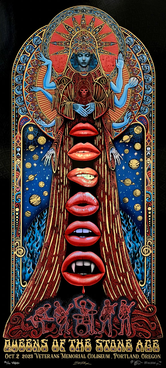 EMEK 2023 Queens of the Stone Age poster, Veterans Memorial Coliseum Portland, October 2: many-armed figure with a column of red lips and vampire fangs, red foil, signed and numbered 50/50
