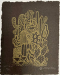 MUNK "MAGICAL THINKING BEASTIE" COPPER ON BLACK LINO CUT PRINT