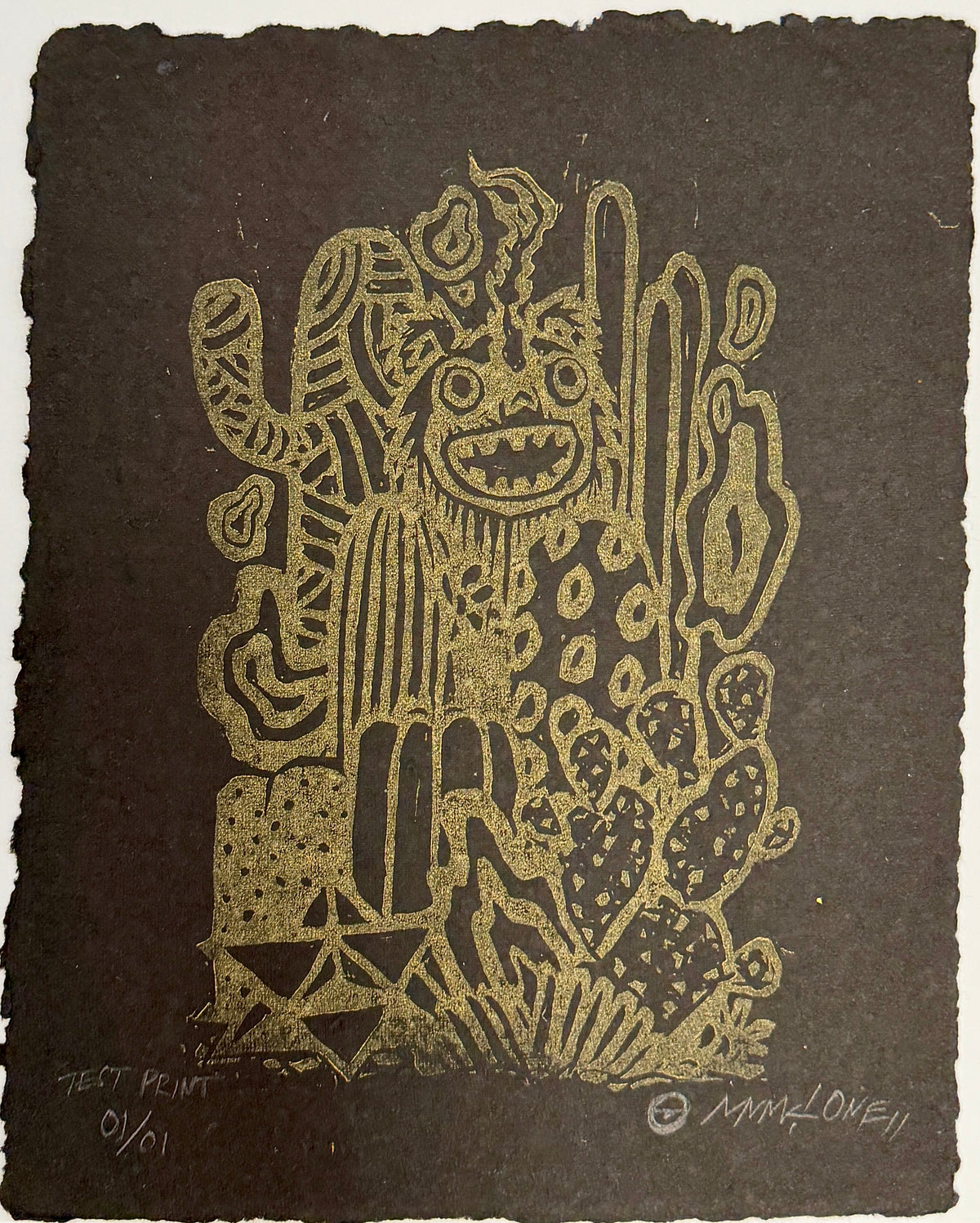MUNK "MAGICAL THINKING BEASTIE" COPPER ON BLACK LINO CUT PRINT