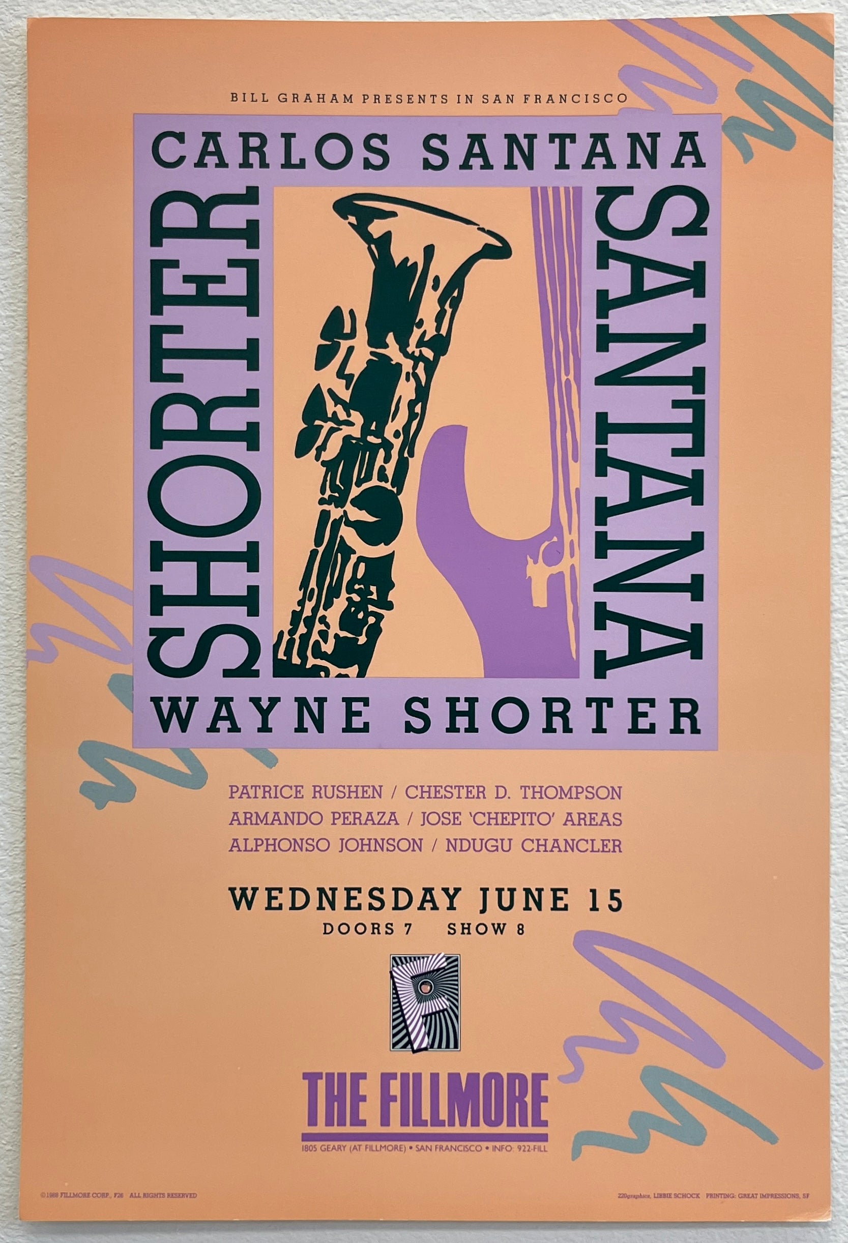 F26 Carlos Santana & Wayne Shorter, The Fillmore by Libbie Shock - June 15, 1988 - San Francisco, Fillmore Gig Print