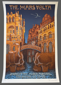 EMEK 2008 The Mars Volta poster, Sasquatch! Music Festival at The Gorge: skull-shaped buildings and a bridge over a canal at night, signed and numbered 38/150