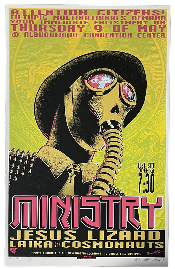 EMEK 1996 Ministry concert poster: gas-mask figure in a helmet, Jesus Lizard and Laika and the Cosmonauts, Albuquerque Convention Center, signed artist proof