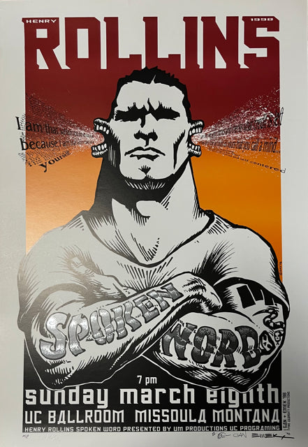 EMEK 1998 Henry Rollins Spoken Word poster, UC Ballroom Missoula Montana: Rollins with crossed tattooed arms, signed artist proof