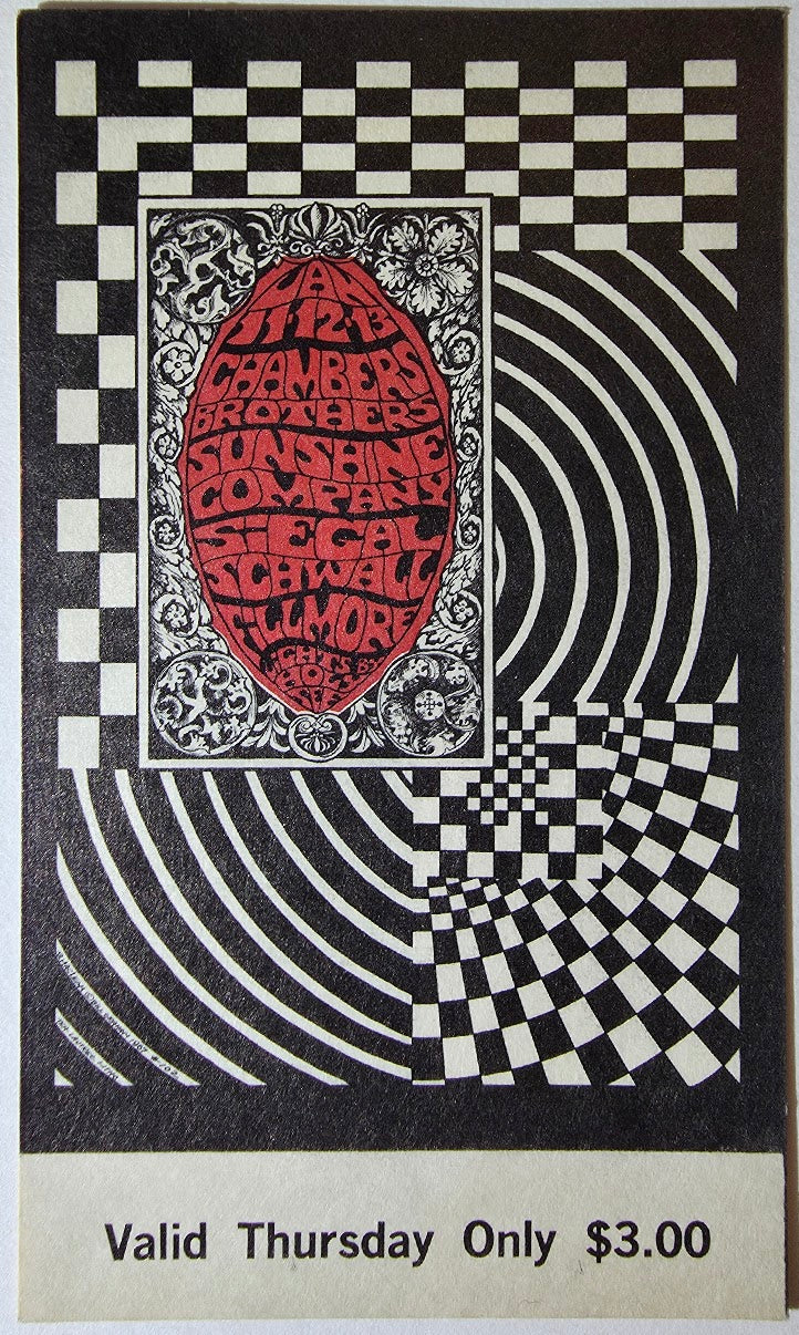 Chambers Brothers, The Sunshine Company, Siegel Schwall Band, The Fillmore by Bonnie MacLean - January 11, 1968 - Vintage Concert Ticket