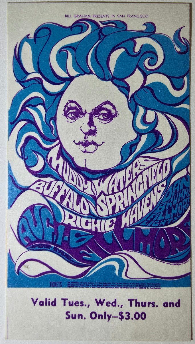 Vintage Ticket Bundle - 3 Night Run - Muddy Waters, Buffalo Springfield, Richie Havens by Bonnie MacLean - August 1-6, 1967 - The Fillmore
