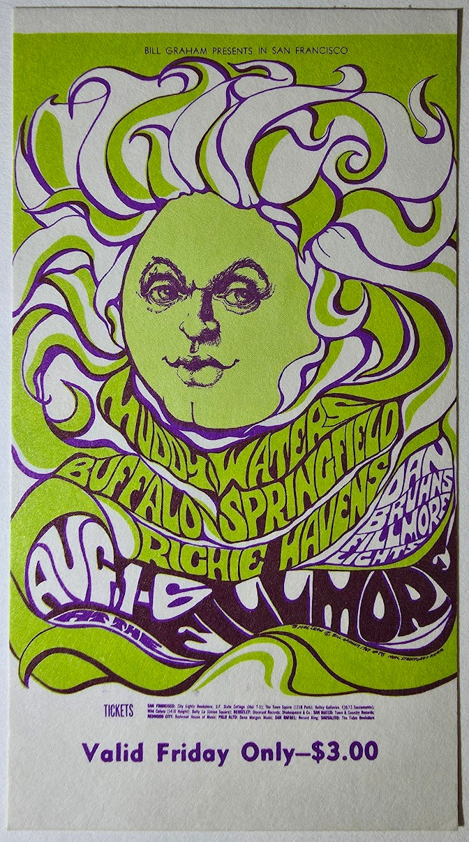 Vintage Ticket Bundle - 3 Night Run - Muddy Waters, Buffalo Springfield, Richie Havens by Bonnie MacLean - August 1-6, 1967 - The Fillmore