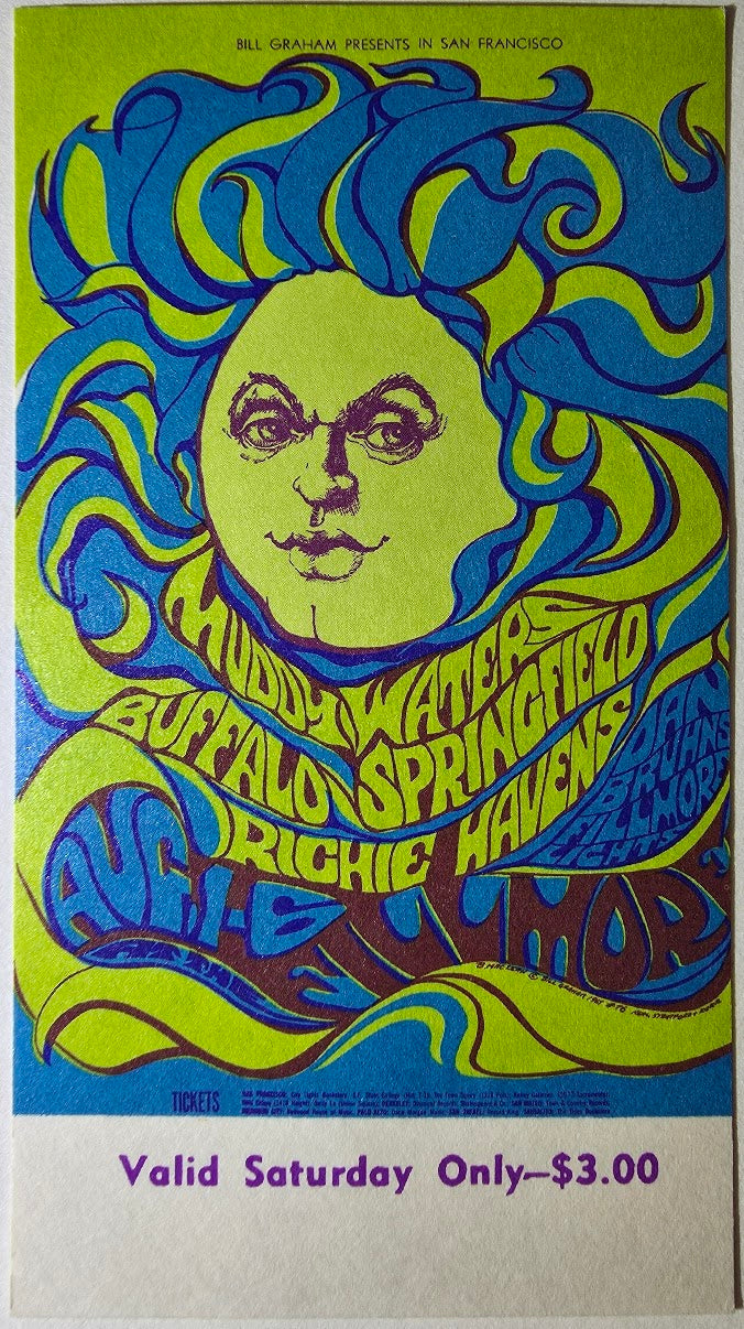 Vintage Ticket Bundle - 3 Night Run - Muddy Waters, Buffalo Springfield, Richie Havens by Bonnie MacLean - August 1-6, 1967 - The Fillmore