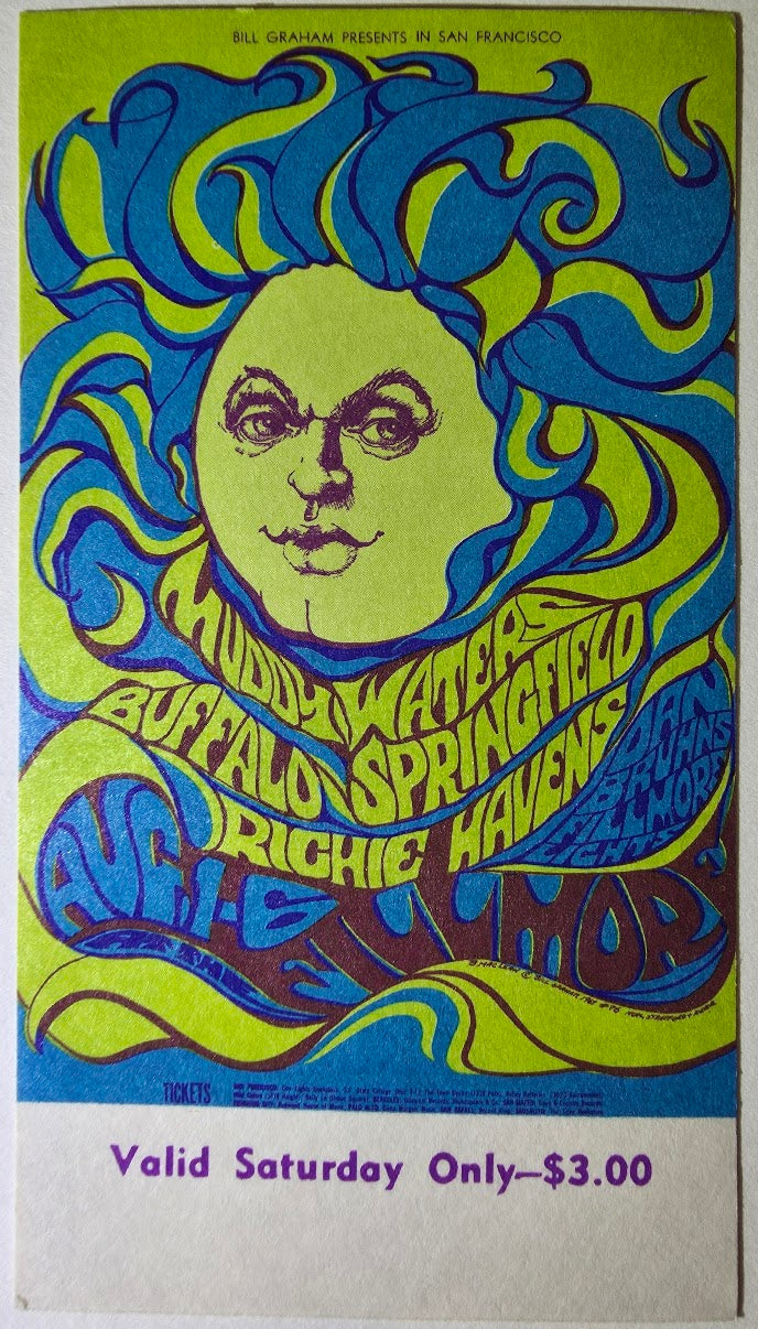 Muddy Waters, Buffalo Springfield, Richie Havens, The Fillmore (include in bundle?) by Bonnie MacLean - August 5, 1967 - Vintage Concert Ticket