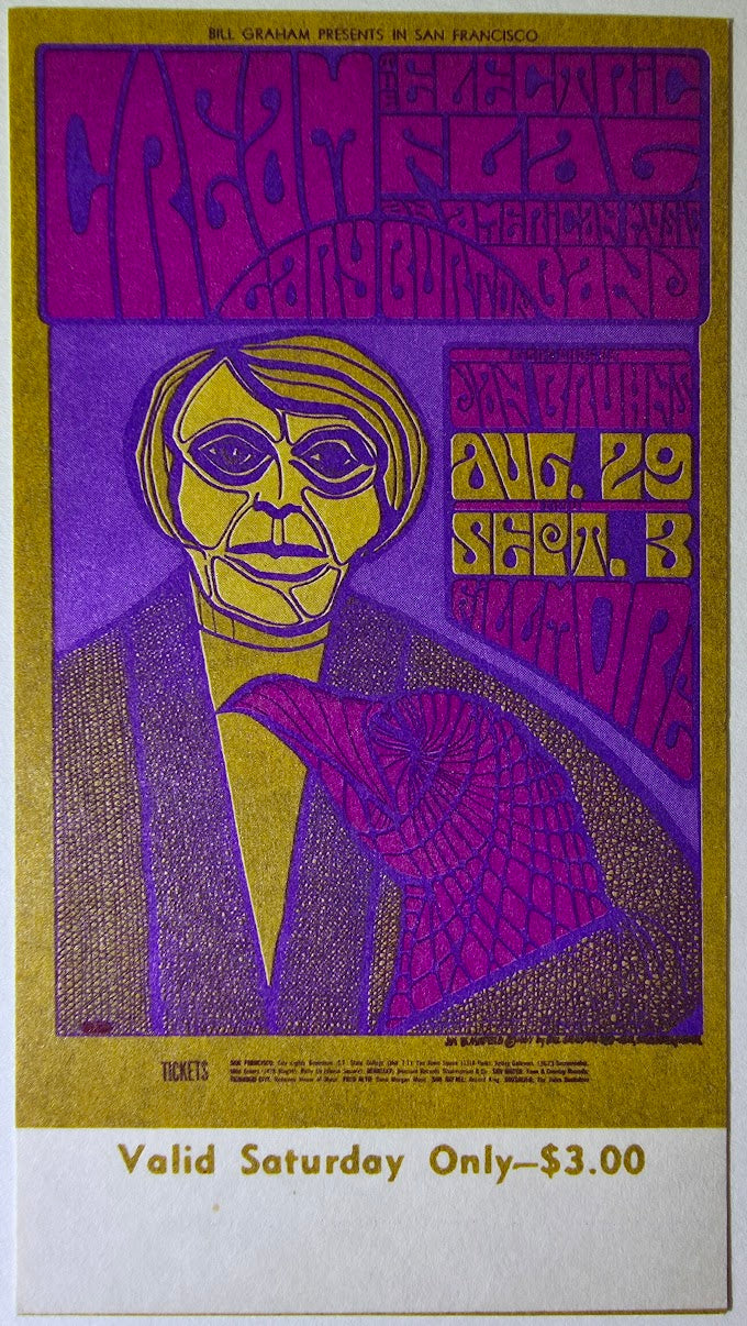 Cream, Electric Flag, Gary Burton, The Fillmore by Jim Blasfield - September 2, 1967 - Vintage Concert Ticket