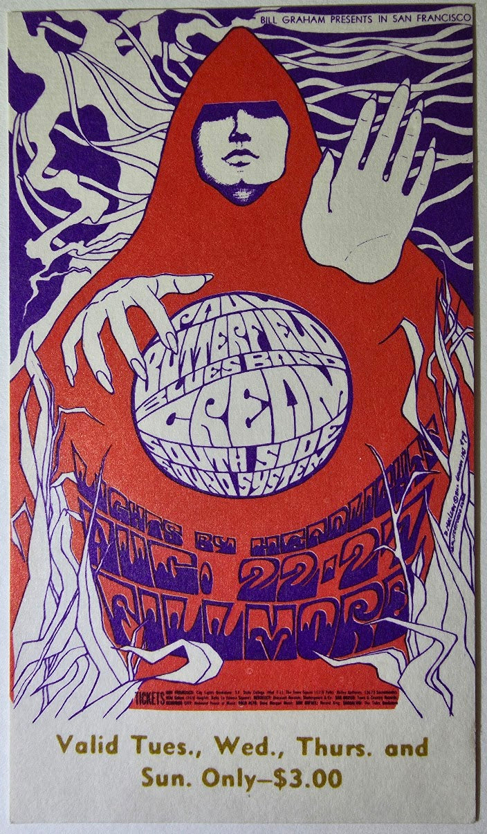 Cream, Butterfield Blues Band, The Southside Sound system, The Fillmore by Bonnie MacLean - August 22-24 & 27, 1967 - Vintage Concert Ticket