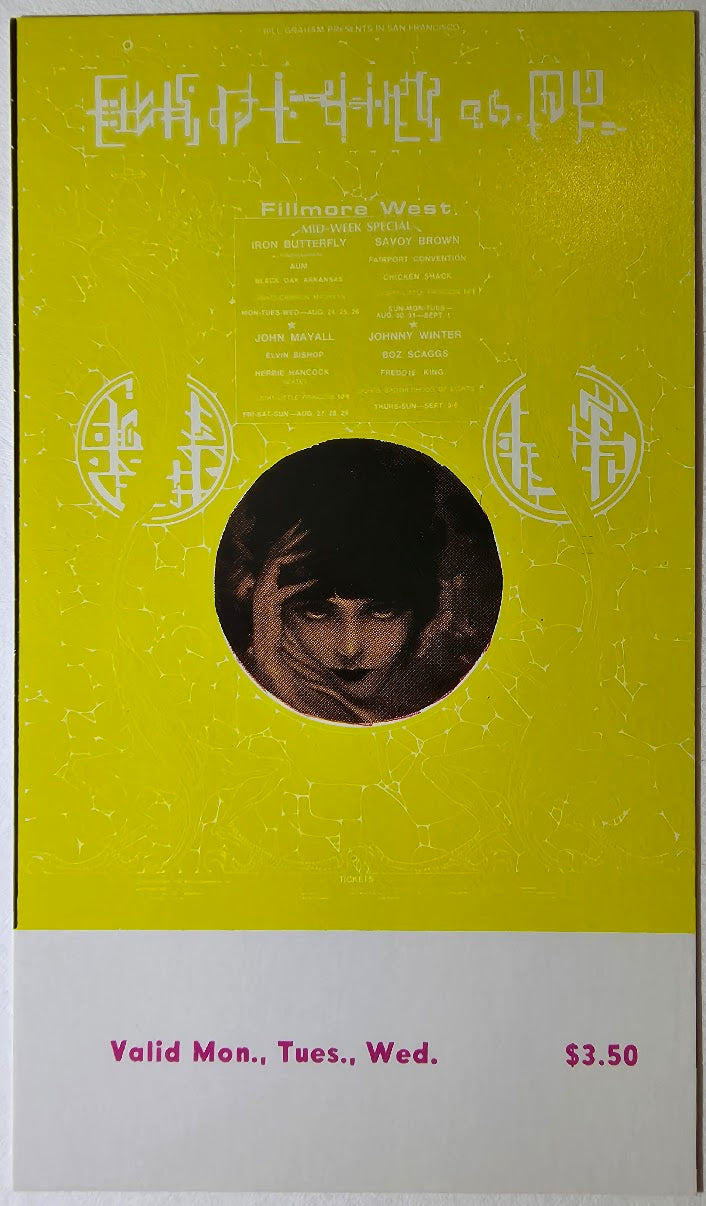 Iron Butterfly, Aum, Elvin Bishop, Herbie Hancock Sextet, The Fillmore by Alton Kelley - August 24-26, 1970 - Vintage Concert Ticket