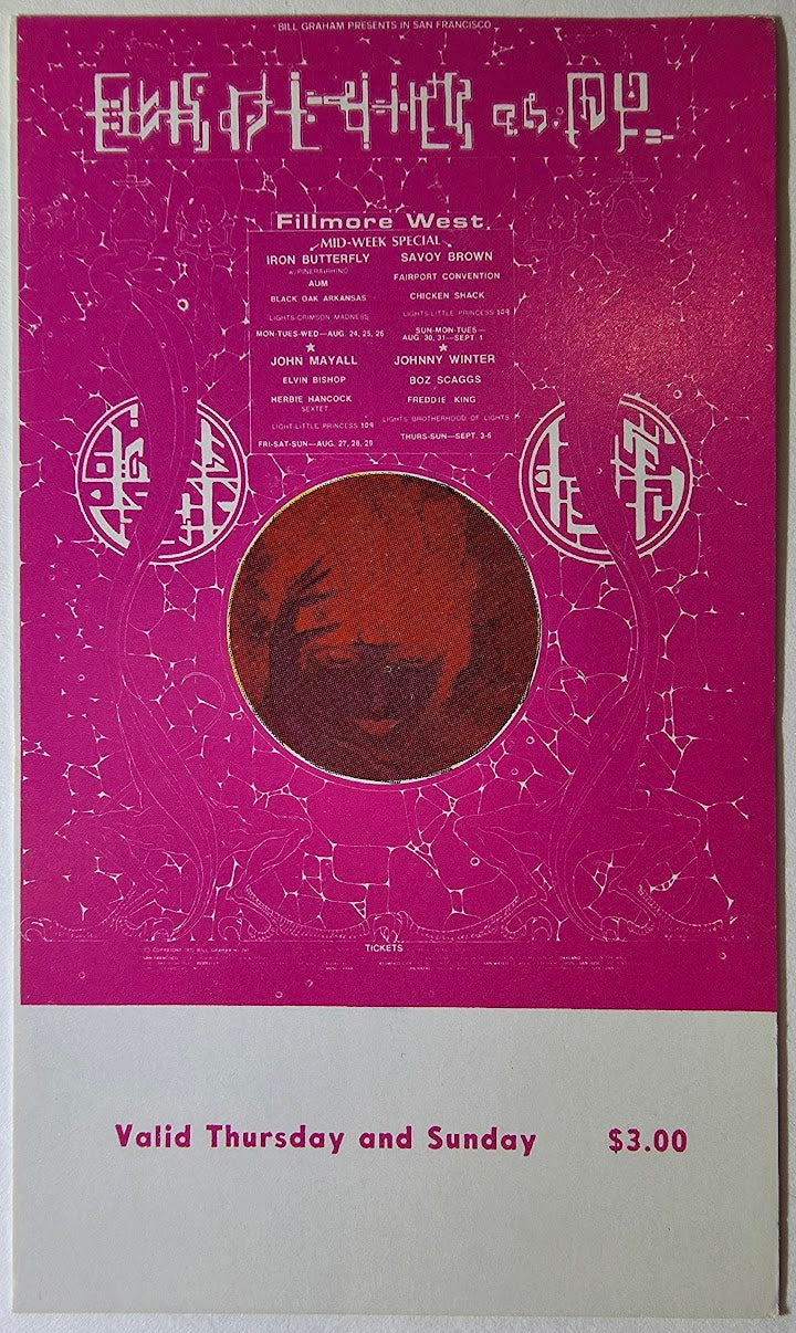 Iron Butterfly, Aum, Elvin Bishop, Herbie Hancock Sextet, The Fillmore by Alton Kelley - August 27 & 30, 1970 - Vintage Concert Ticket