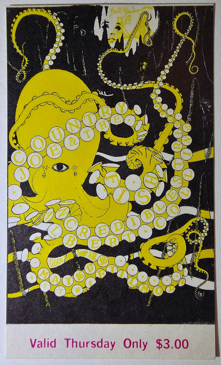 Country Joe & The Fish, The Incredible String Band, Albert Collins, The Fillmore by Wilfred Weisser - May 16, 1968 - Vintage Concert Ticket