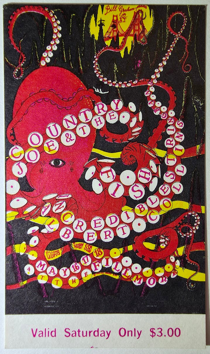 Country Joe & The Fish, The Incredible String Band, Albert Collins, The Fillmore by Wilfred Weisser - May 18, 1968 - Vintage Concert Ticket
