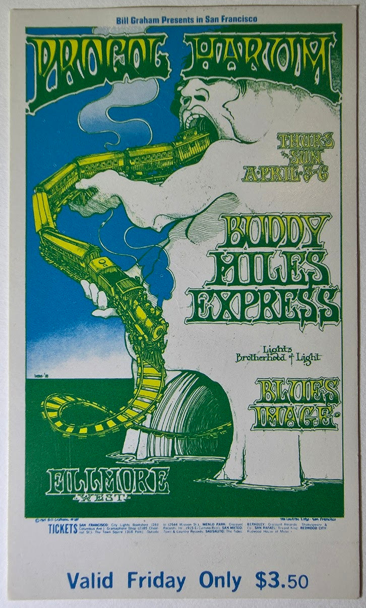 Procol Harum, Buddy Miles Express, Blues Image, The Fillmore by Greg Irons - April 4, 1969 - Vintage Concert Ticket
