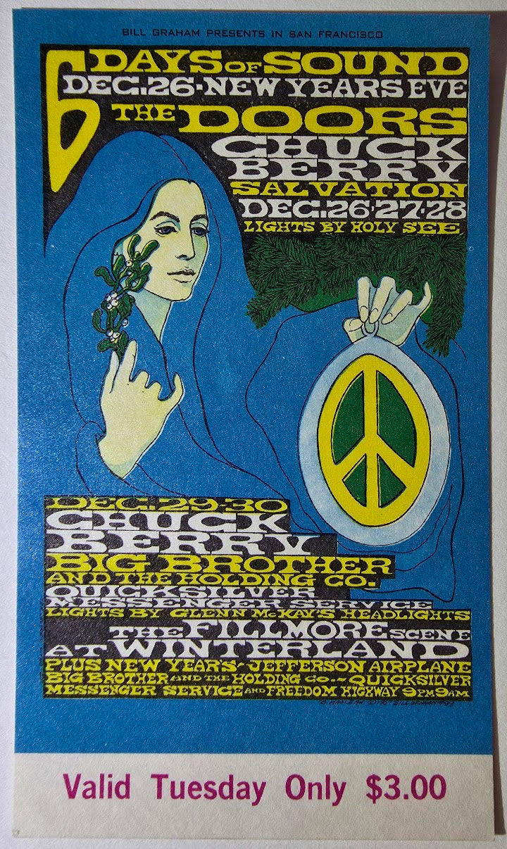 Vintage Ticket Bundle - 4 Night Run - The Doors, Chuck Berry, Big Brother & The Holding Co, Quicksilver Messenger Service by Bonnie MacLean - December 26-29, 1967 - Winterland