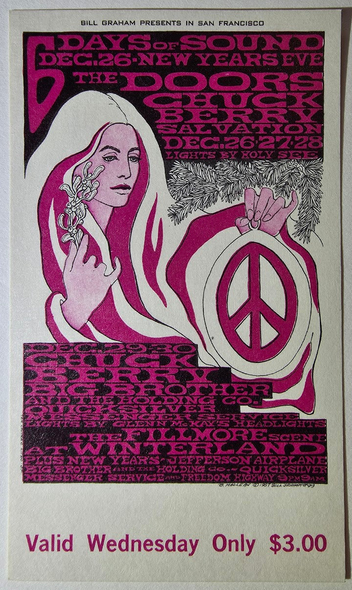 Vintage Ticket Bundle - 4 Night Run - The Doors, Chuck Berry, Big Brother & The Holding Co, Quicksilver Messenger Service by Bonnie MacLean - December 26-29, 1967 - Winterland