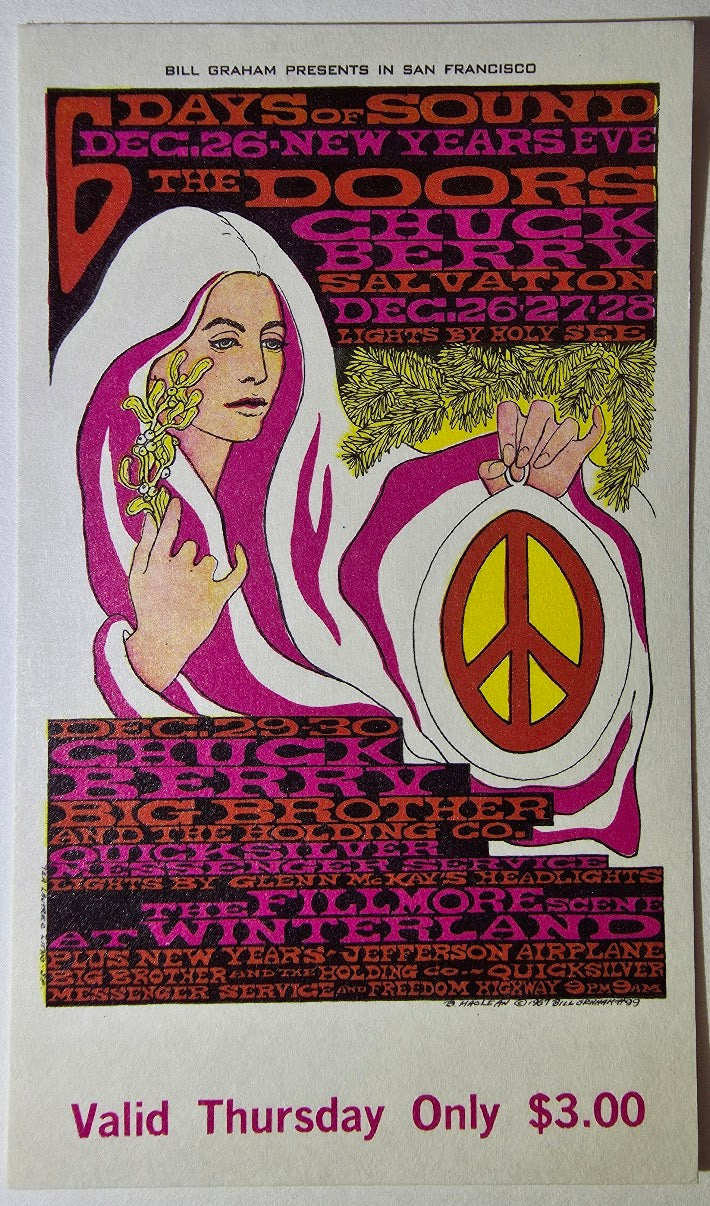 Vintage Ticket Bundle - 4 Night Run - The Doors, Chuck Berry, Big Brother & The Holding Co, Quicksilver Messenger Service by Bonnie MacLean - December 26-29, 1967 - Winterland