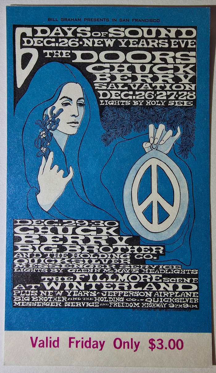 Vintage Ticket Bundle - 4 Night Run - The Doors, Chuck Berry, Big Brother & The Holding Co, Quicksilver Messenger Service by Bonnie MacLean - December 26-29, 1967 - Winterland
