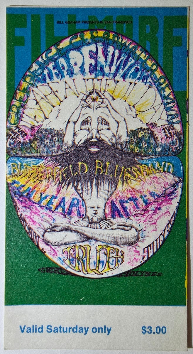 Credence Clearwater Revival, Steppenwolf, It's A Beautiful Day, Butterfield Blues Band, Ten Years After, The Fillmore by Lee Conklin - July 7, 1968 - Vintage Concert Ticket