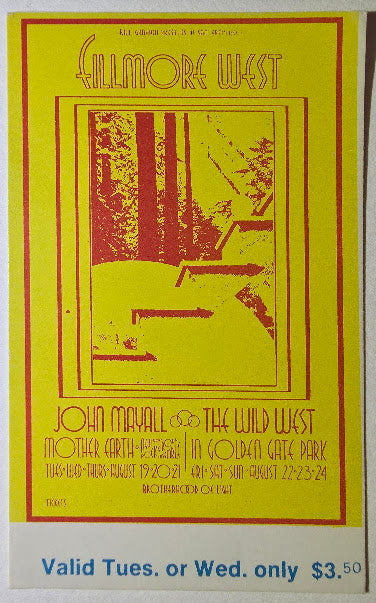 John Mayall, Mother Earth, New York Rock & Roll Ensemble, Wild West, The Fillmore by David Singer - August 19-20, 1969 - Vintage Concert Ticket