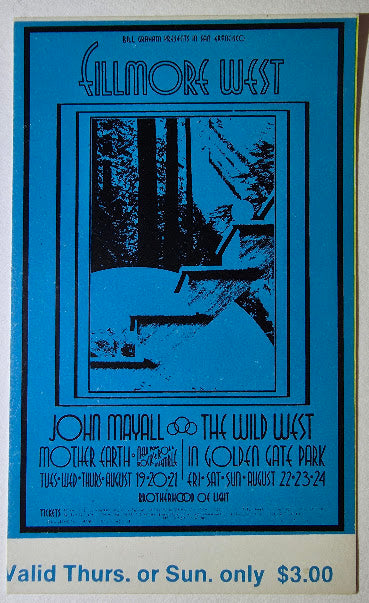 John Mayall, Mother Earth, New York Rock & Roll Ensemble, Wild West, The Fillmore by David Singer - August 21 & 24, 1969 - Vintage Concert Ticket
