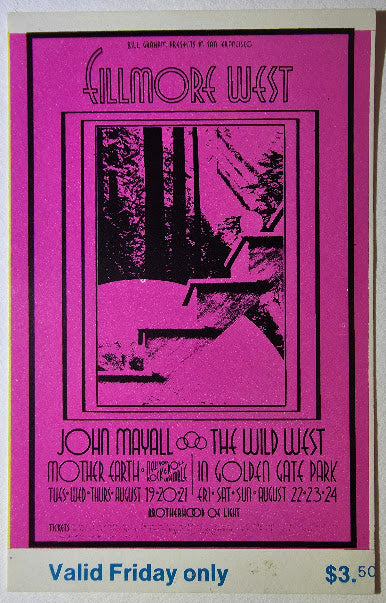 John Mayall, Mother Earth, New York Rock & Roll Ensemble, Wild West, The Fillmore by David Singer - August 22, 1969 - Vintage Concert Ticket