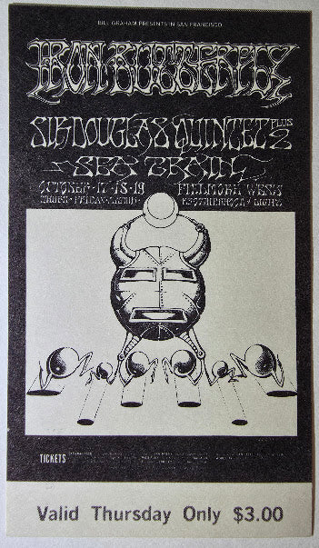 Iron Butterfly, Sir Douglas Quintet, Seatrain, The Fillmore by Rick Griffin, Victor Moscoso - October 17, 1968 - Vintage Concert Ticket